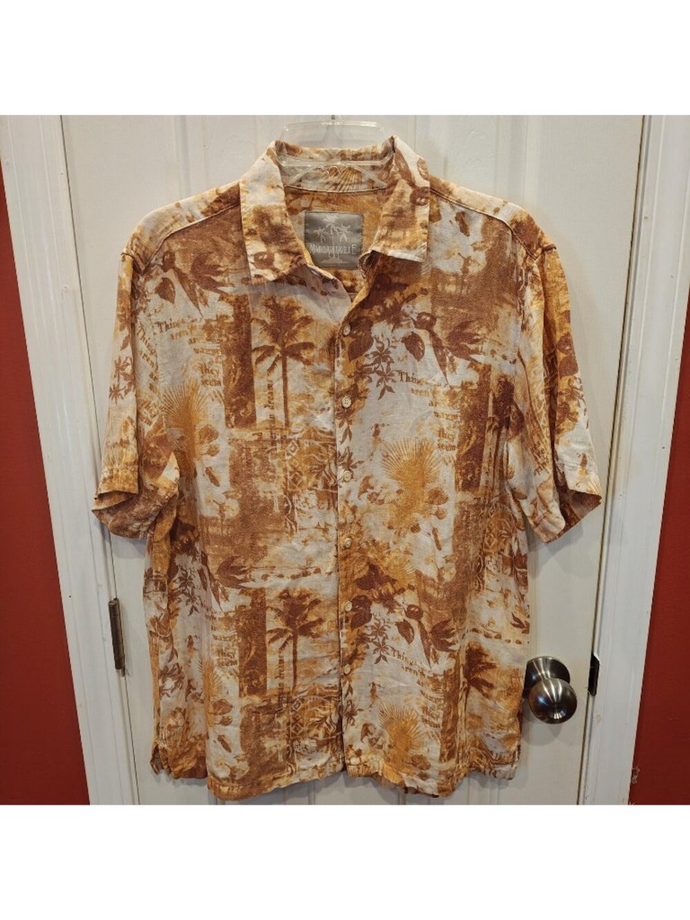 Margaritaville Shirt Mens L Brown Floral Silk Linen Aloha Button Up Tropical